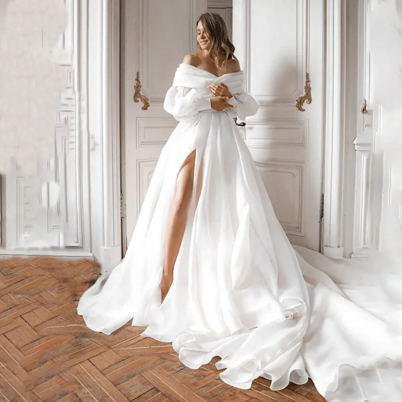 A-Line Off the Shoulder White Wedding Dress with Slit sold by KissProm