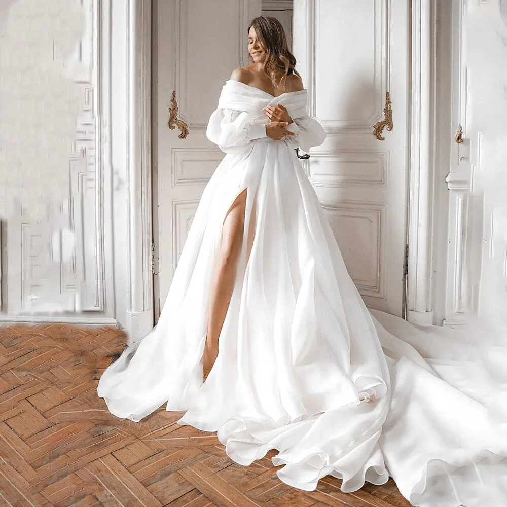 A-Line Off the Shoulder White Wedding Dress with Slit sold by KissProm
