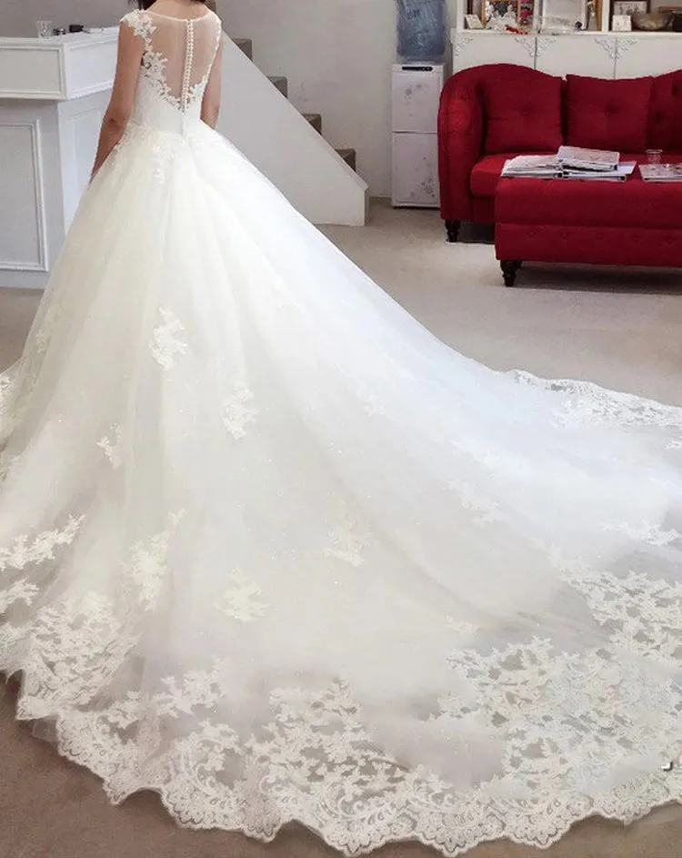 Ball Gown Cap Sleeve Bateau Applique Court Train Lace Tulle Wedding Dresses sold by KissProm product image thumbnail 2