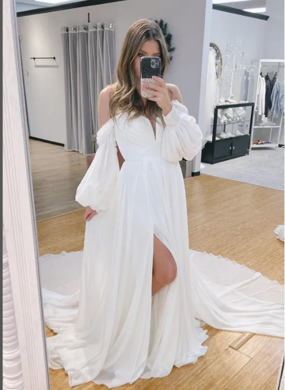 Aisling | A-Line Sweetheart Long Sleeves Chiffon Sweep Train Wedding Dress sold by KissProm