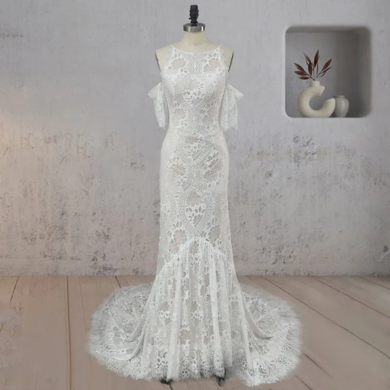 Mermaid White Halter Neck Lace Wedding Dress sold by KissProm