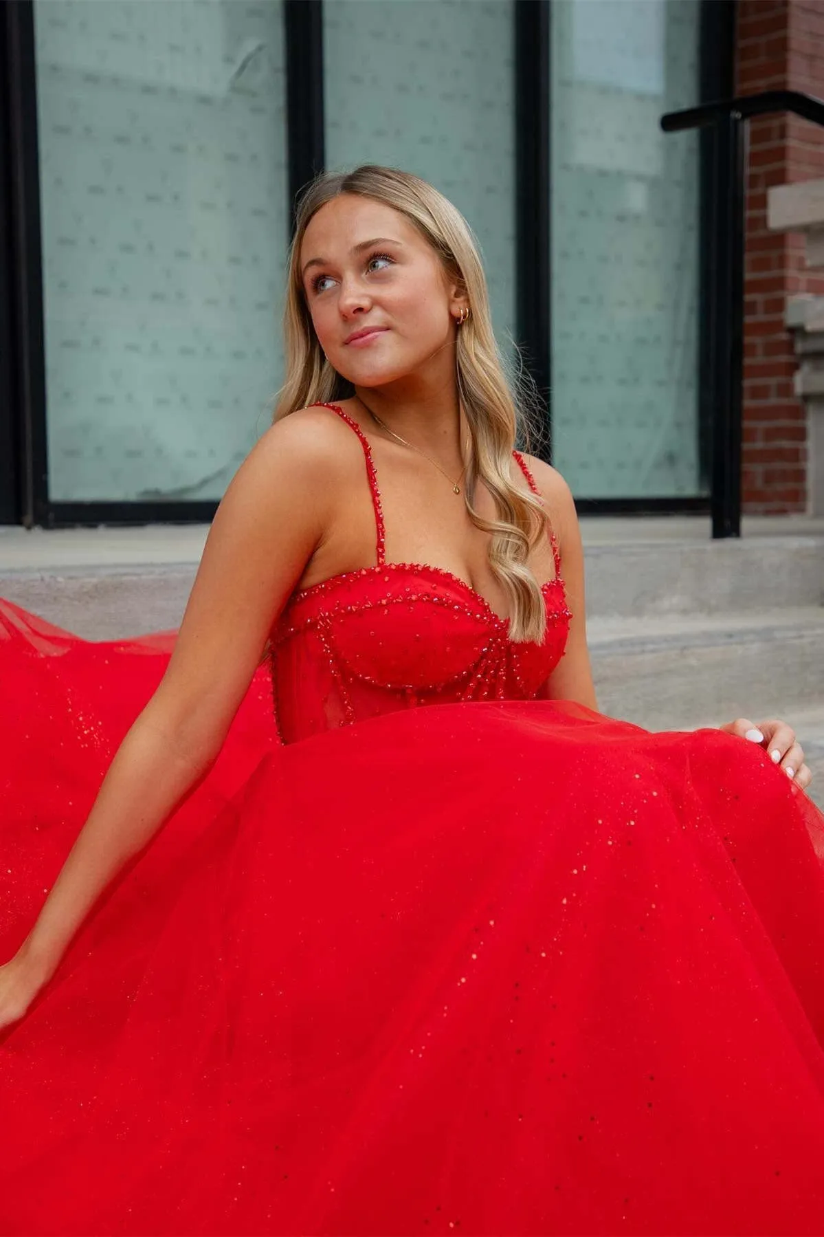 Patricia | Glitter Red Straos Beaded A-Line Formal Dress with Slit sold by KissProm product image thumbnail 5
