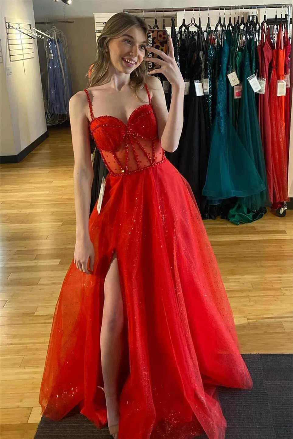 Patricia | Glitter Red Straos Beaded A-Line Formal Dress with Slit sold by KissProm