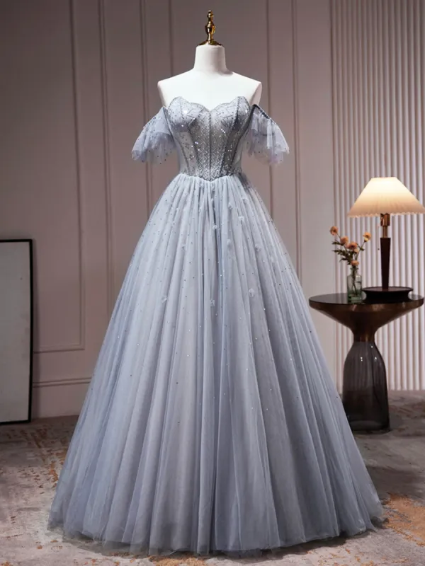 Yamileth | Gray Tulle Off Shoulder Beaded Party Dress, A-Line Tulle Formal Dress Prom Dress sold by KissProm