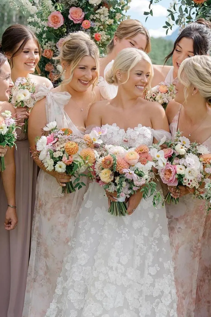 Attractive A-Line Off the Shoulder Tulle Wedding Dresses sold by KissProm