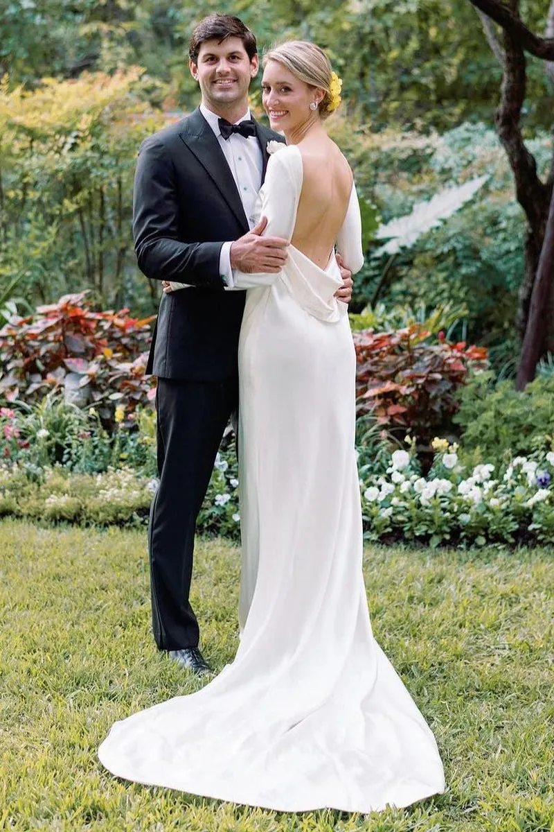 Sheath Backless Long Sleeves White Soft Satin Wedding Dresses sold by KissProm product image thumbnail 2