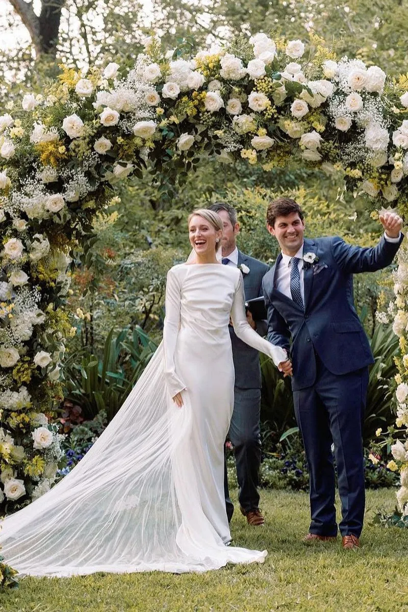 Sheath Backless Long Sleeves White Soft Satin Wedding Dresses sold by KissProm