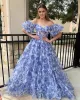 Sydney| Off the Shoulder Blue Floral Print Ruffled Tulle Prom Dress sold by KissProm