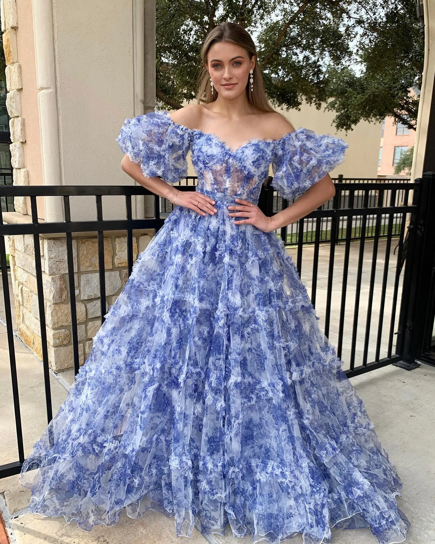 Sydney| Off the Shoulder Blue Floral Print Ruffled Tulle Prom Dress sold by KissProm product image thumbnail 3