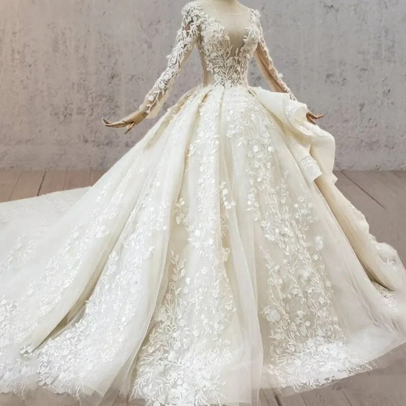 A-Line Luxury Champagne Sequined Lace Wedding Dress sold by KissProm