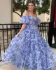 Sydney| Off the Shoulder Blue Floral Print Ruffled Tulle Prom Dress sold by KissProm