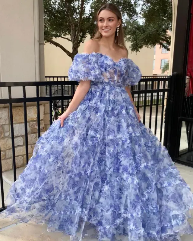 Sydney| Off the Shoulder Blue Floral Print Ruffled Tulle Prom Dress sold by KissProm