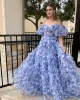 Sydney| Off the Shoulder Blue Floral Print Ruffled Tulle Prom Dress sold by KissProm