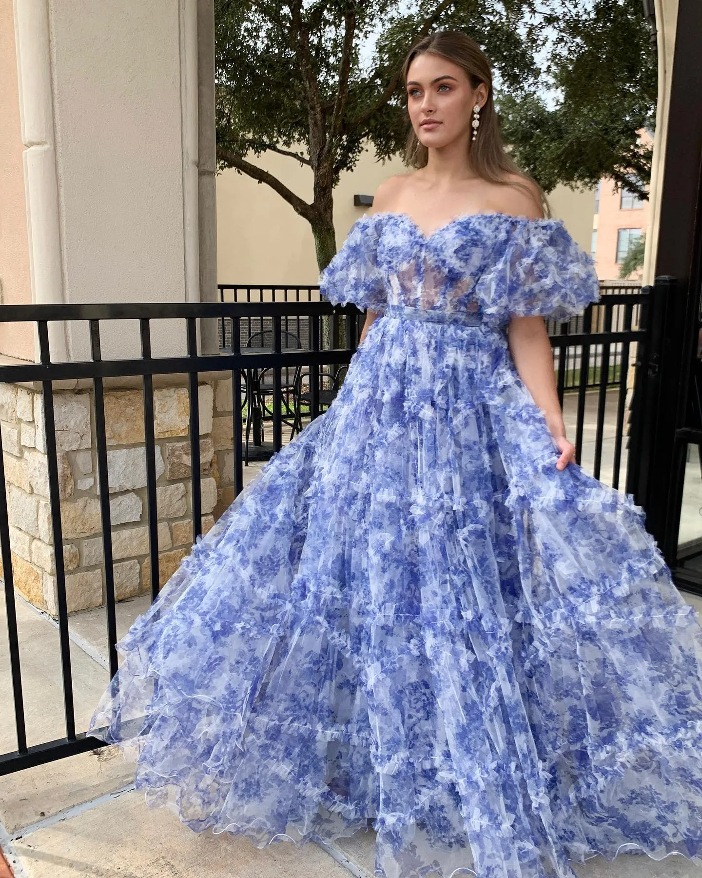 Sydney| Off the Shoulder Blue Floral Print Ruffled Tulle Prom Dress sold by KissProm product image thumbnail 2