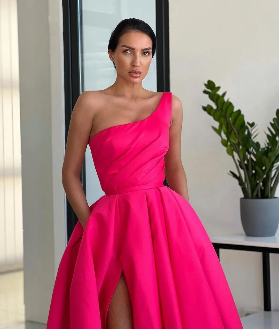 Ariella | Charming A Line One Shoulder Fuchsia Sequins Long Prom Dresses with Slit sold by KissProm product image thumbnail 2