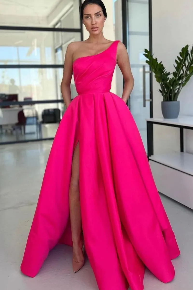 Ariella | Charming A Line One Shoulder Fuchsia Sequins Long Prom Dresses with Slit sold by KissProm