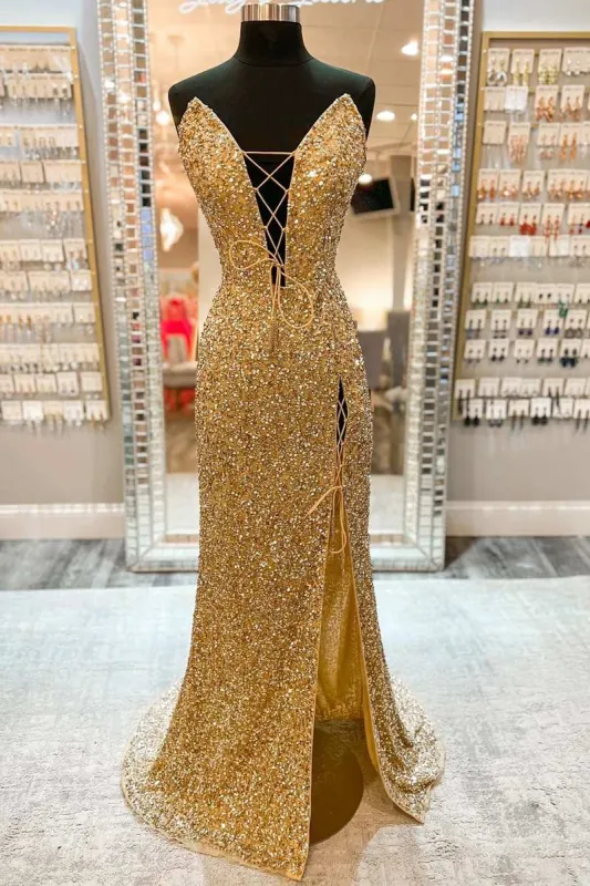 Gold Sequin Strapless Lace-Up Front Long Prom Dress with Slit sold by KissProm