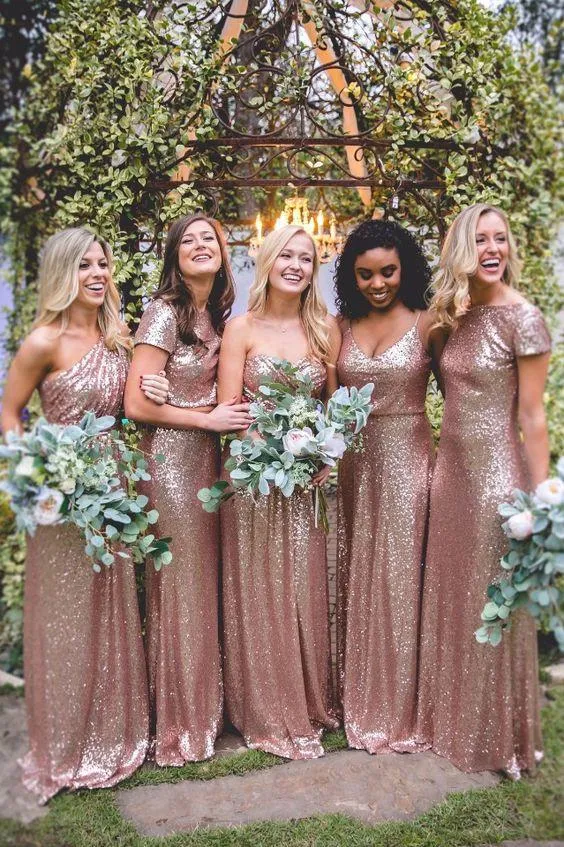 Hot Mismatched Gold Rose Sequined Bridesmaid Dresses sold by KissProm product image thumbnail 2