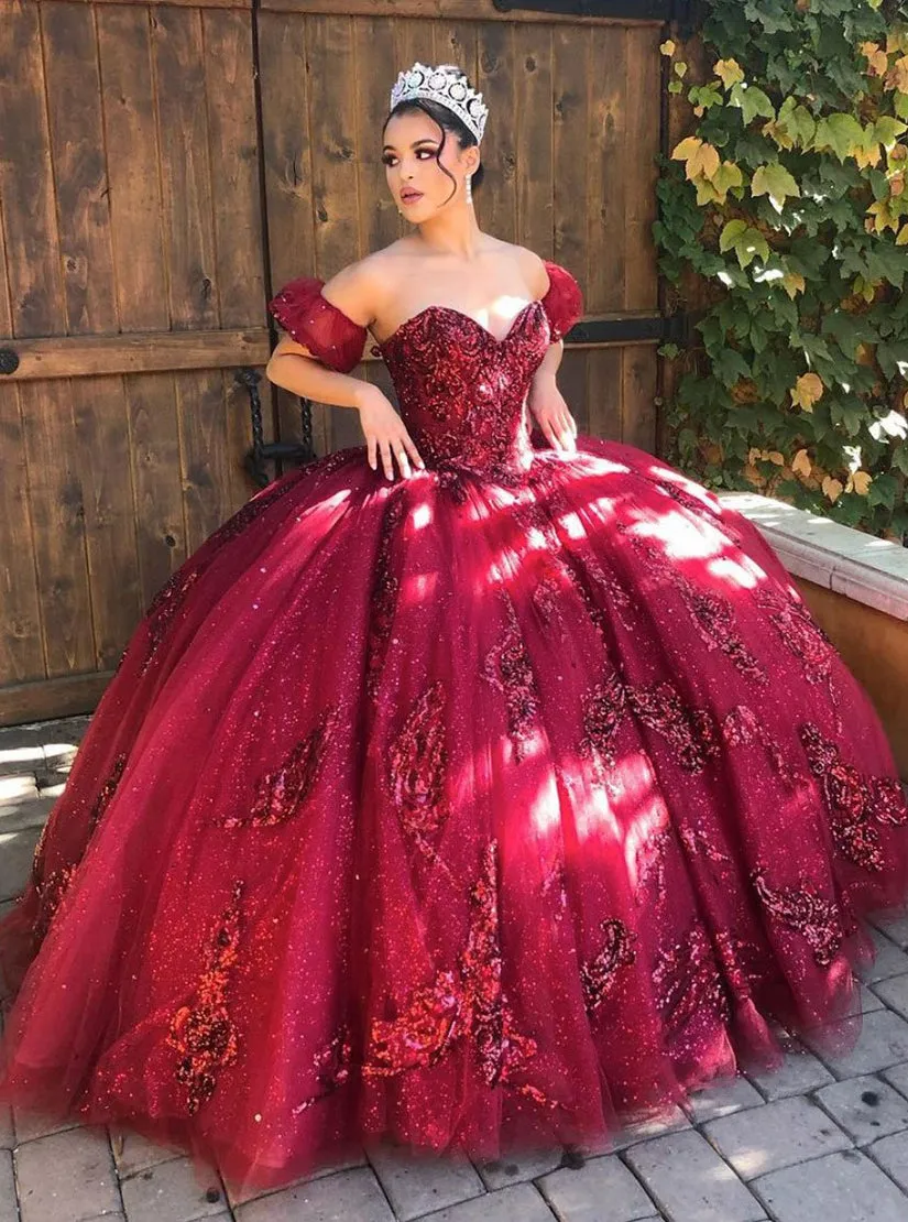 Quinceanera Dress Burgundy Off Shoulder Tulle Lace Long Prom Dresses Sweet Dresses sold by KissProm product image thumbnail 2
