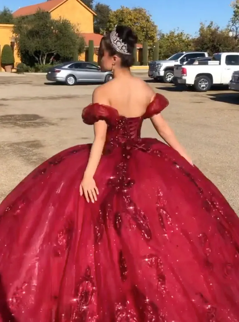 Quinceanera Dress Burgundy Off Shoulder Tulle Lace Long Prom Dresses Sweet Dresses sold by KissProm product image thumbnail 3