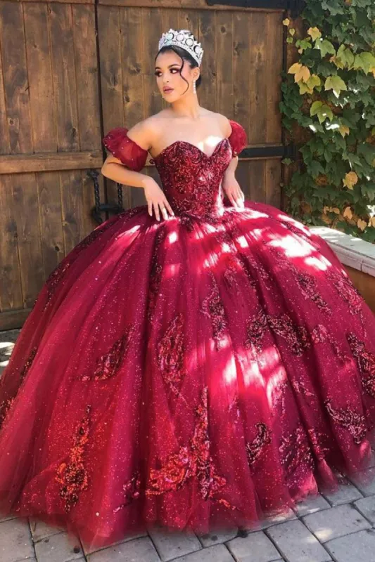 Quinceanera Dress Burgundy Off Shoulder Tulle Lace Long Prom Dresses Sweet Dresses sold by KissProm