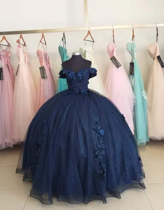 Navy Blue Organza Off The Shoulder Ball Gown Quinceanera Dress sold by KissProm