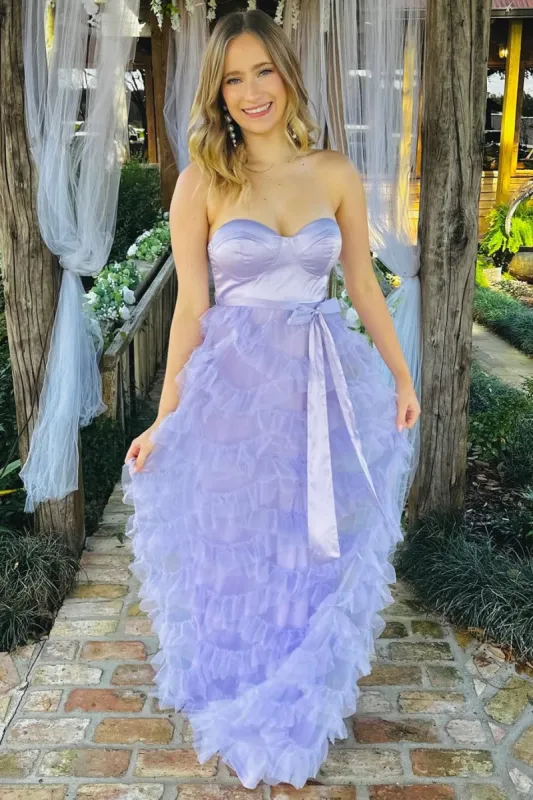 Lavender Sweetheart Bow Belt Ruffle Maxi Dress sold by KissProm