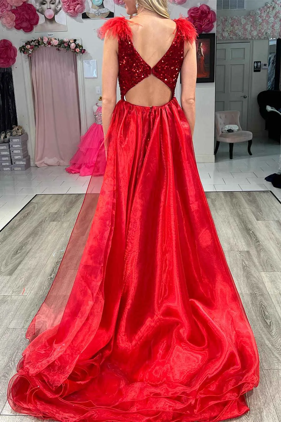 Lilianna | V-Neck Red Sequin Feathers Long Prom Dress with Cape sold by KissProm product image thumbnail 2