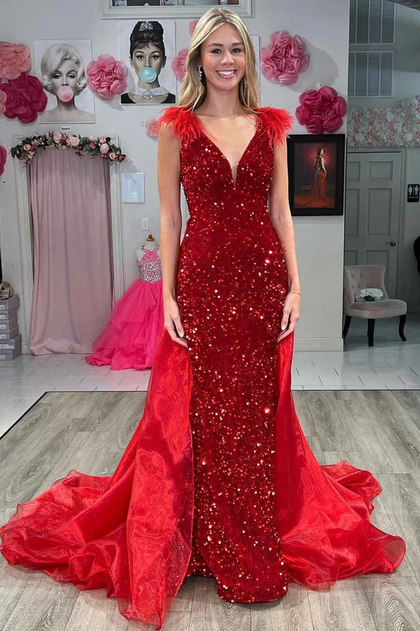 Lilianna | V-Neck Red Sequin Feathers Long Prom Dress with Cape sold by KissProm