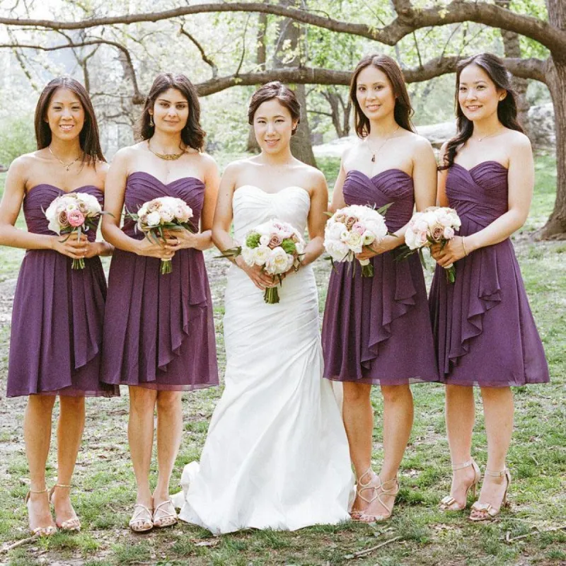 Simple Sweetheart Chiffon Purple Short Pleats Bridesmaid Dress sold by KissProm