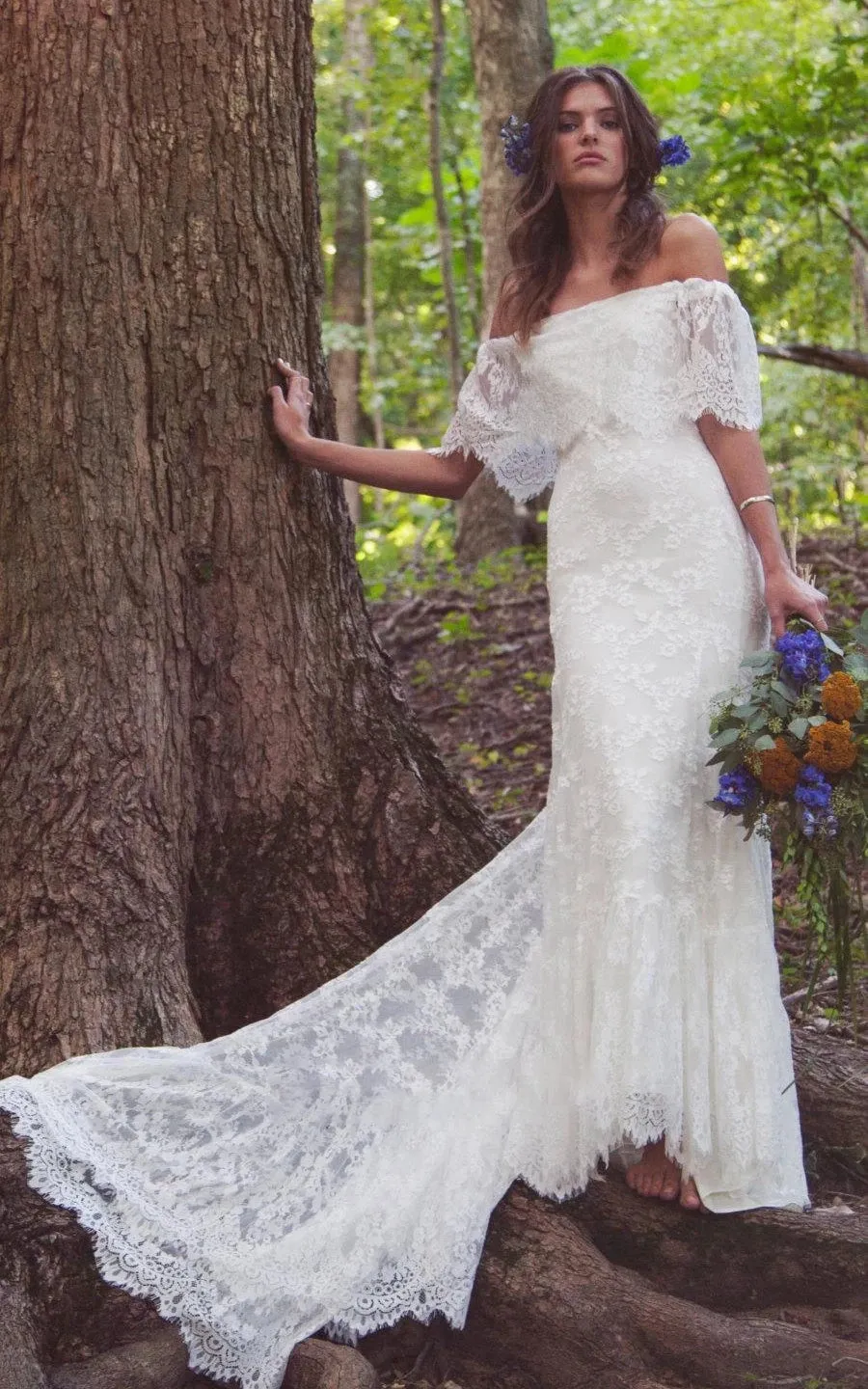 Boho Off-Shoulder Sheath Scalloped Lace Wedding Dress With Long Train sold by KissProm