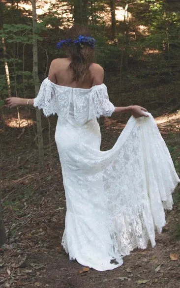 Boho Off-Shoulder Sheath Scalloped Lace Wedding Dress With Long Train sold by KissProm product image thumbnail 2