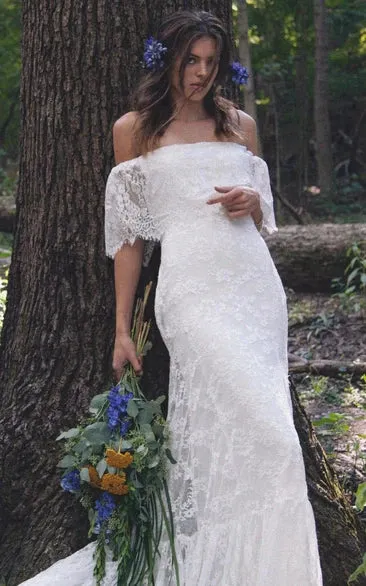 Boho Off-Shoulder Sheath Scalloped Lace Wedding Dress With Long Train sold by KissProm product image thumbnail 3