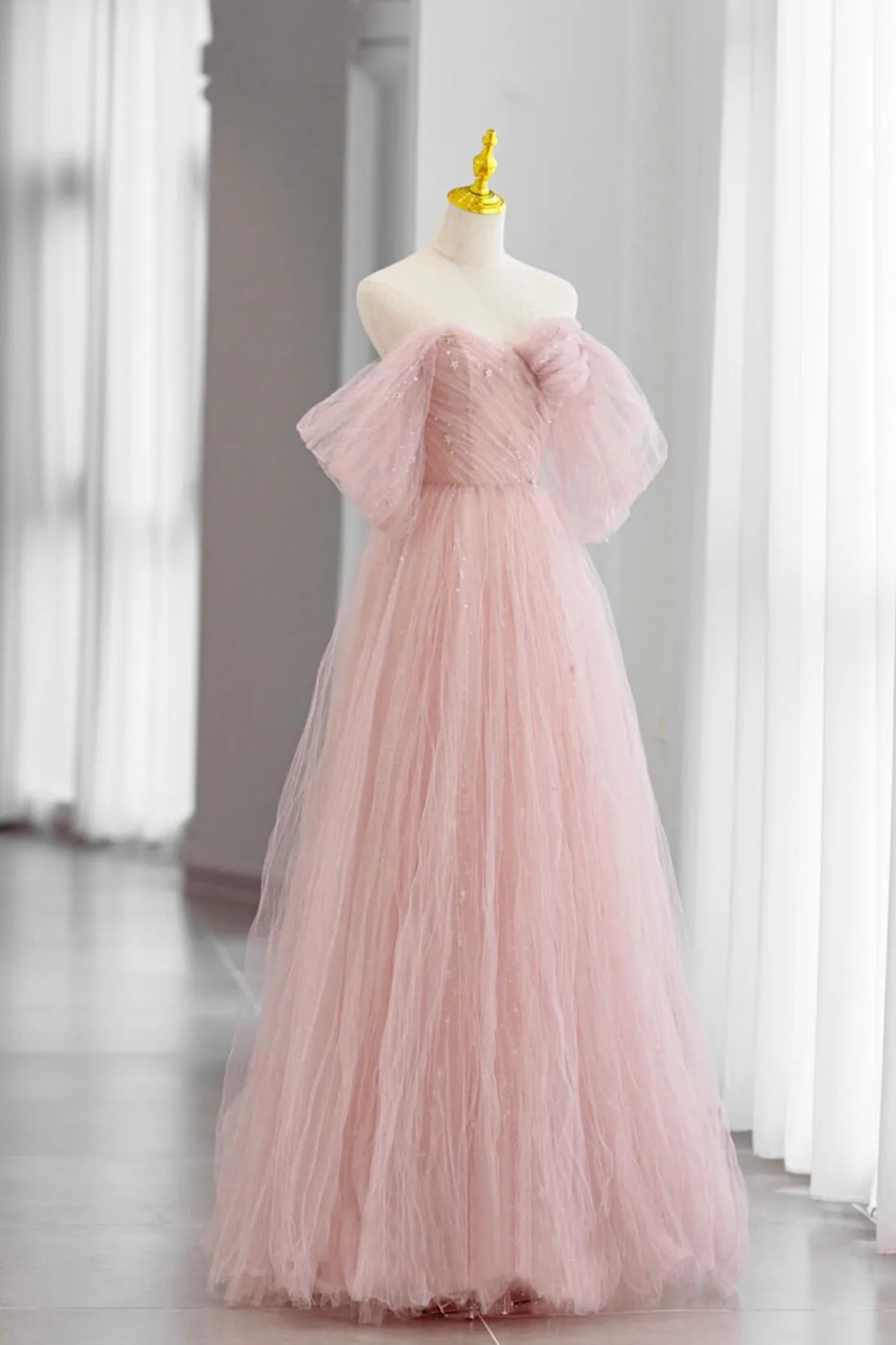 Adalee | Pink Tulle Floor Length Prom Dress, Cute A-Line Evening Party Dress sold by KissProm