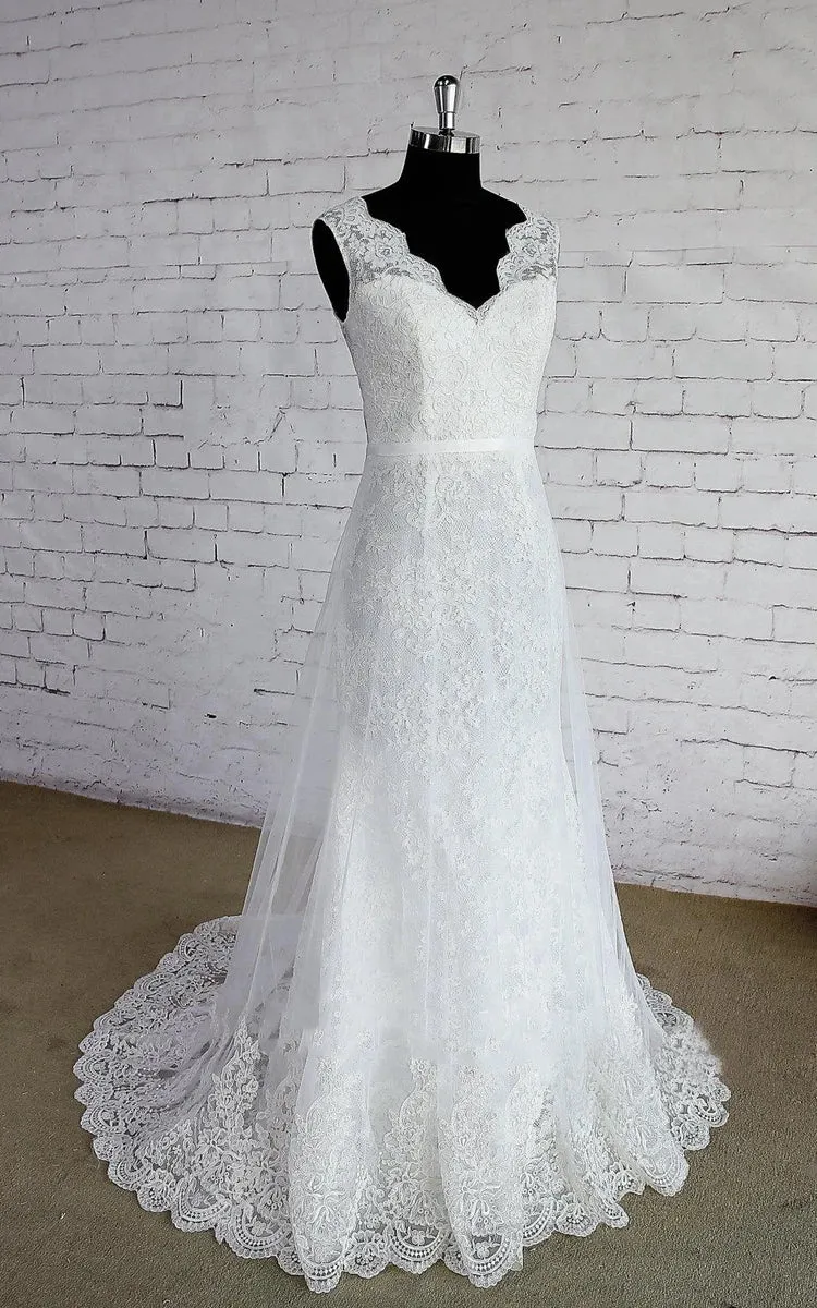 V-Neck Sleeveless Lace Appliques A-Line Sweep Train Zipper Wedding Dress sold by KissProm product image thumbnail 5
