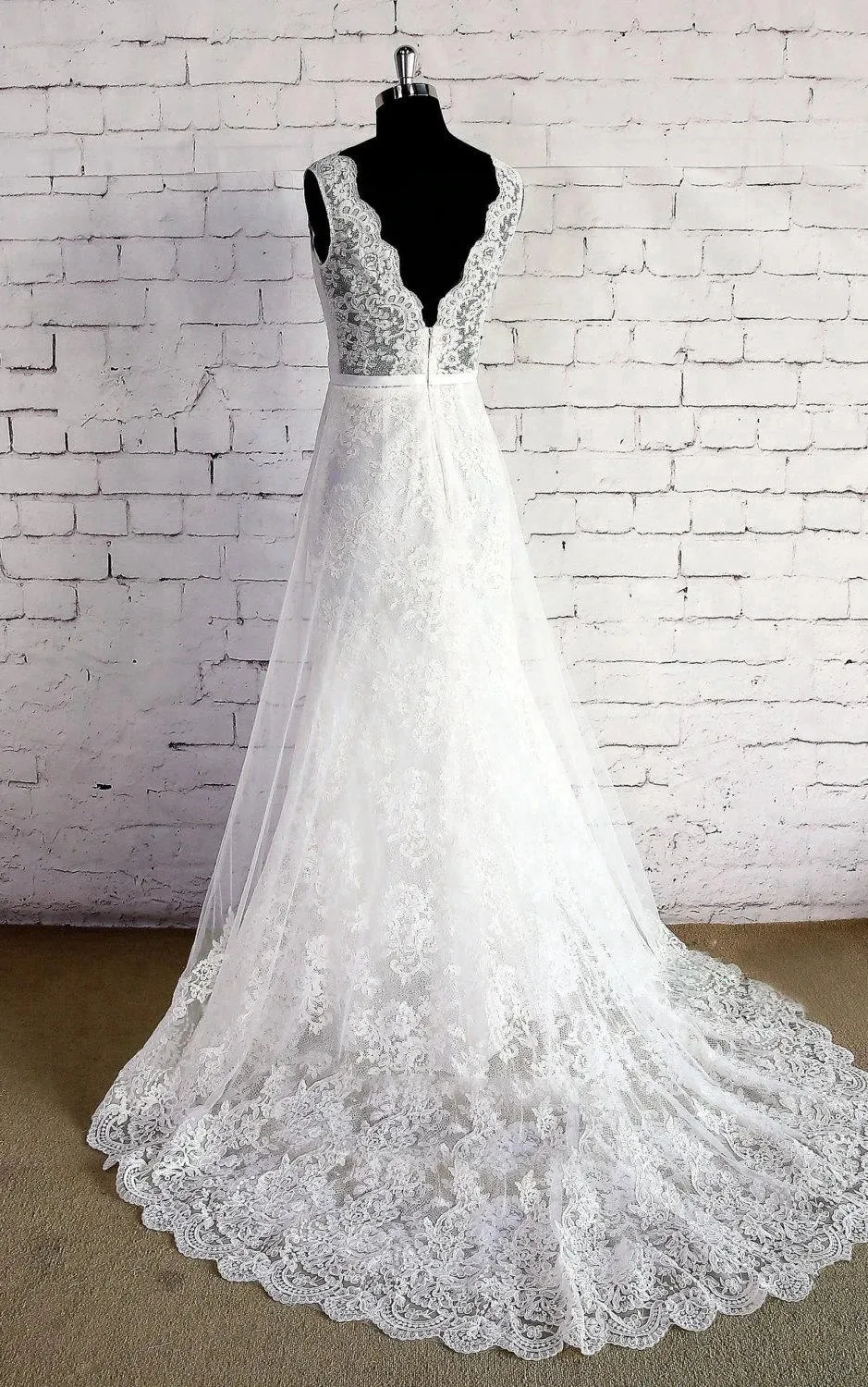 V-Neck Sleeveless Lace Appliques A-Line Sweep Train Zipper Wedding Dress sold by KissProm product image thumbnail 4