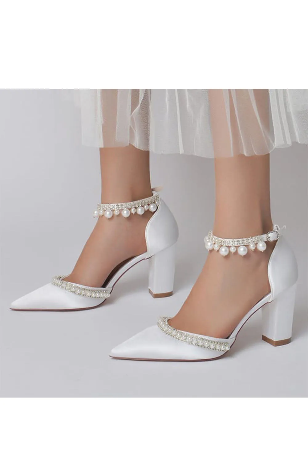 Women's Wedding Shoes Satin Block Heel Pearl Rhinestone Tassel Wedding Shoes sold by KissProm product image thumbnail 2