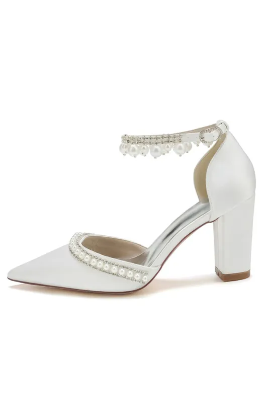 Women's Wedding Shoes Satin Block Heel Pearl Rhinestone Tassel Wedding Shoes sold by KissProm