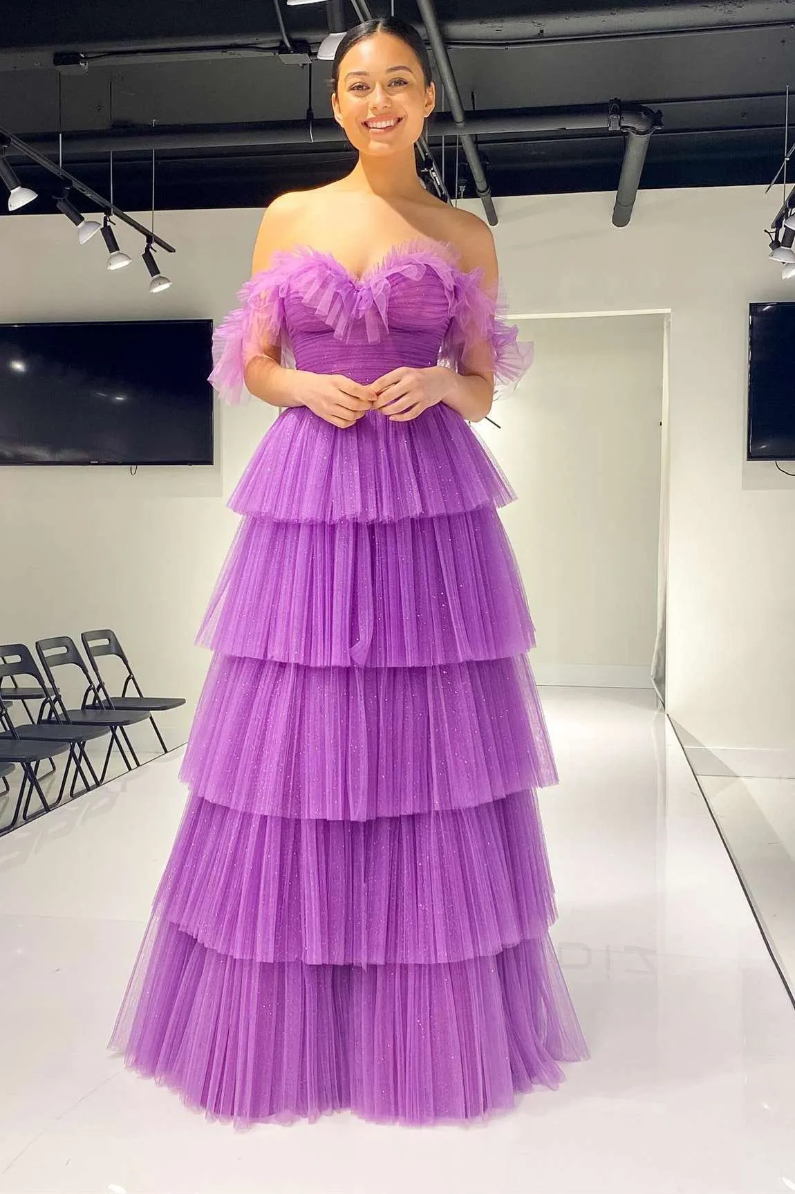 Purple Off-the-Shoulder Multi-Tiered Long Prom Gown sold by KissProm