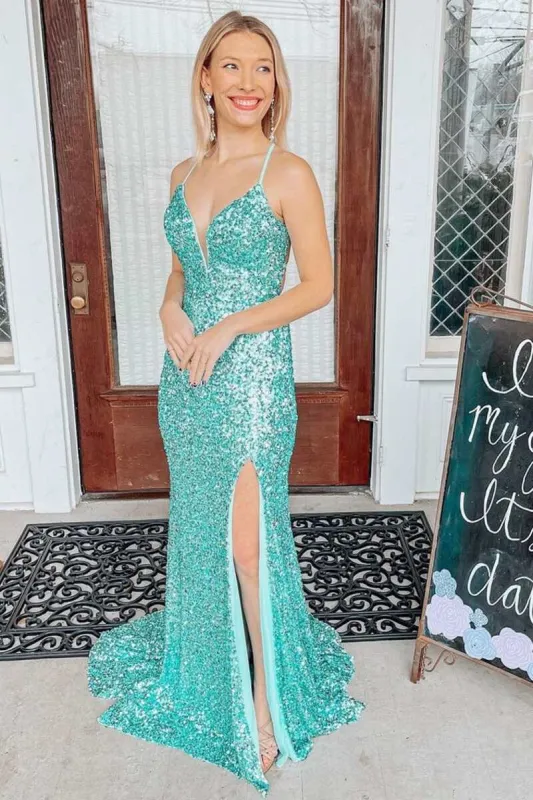 Light Jade Sequin Lace-Up Back Mermaid Long Prom Dress sold by KissProm
