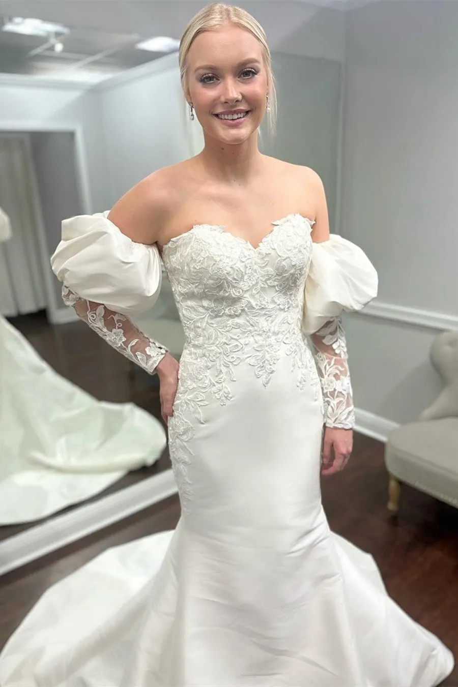White Appliques Off-the-Shoulder Mermaid Wedding Dress with Detached Sleeves sold by KissProm product image thumbnail 3