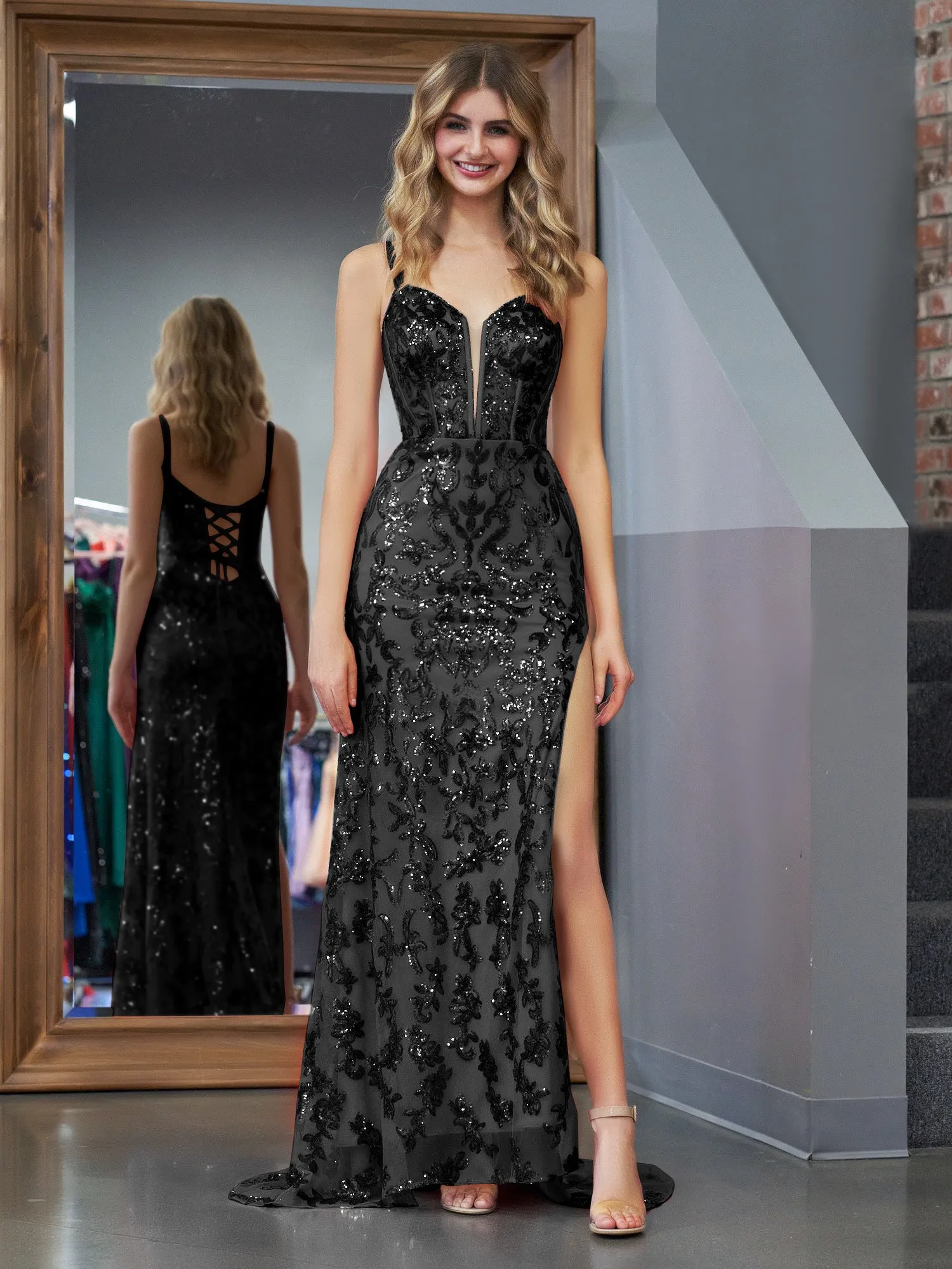 Erryn | Black Sheath Sequins Long Prom Dress with Slit sold by KissProm