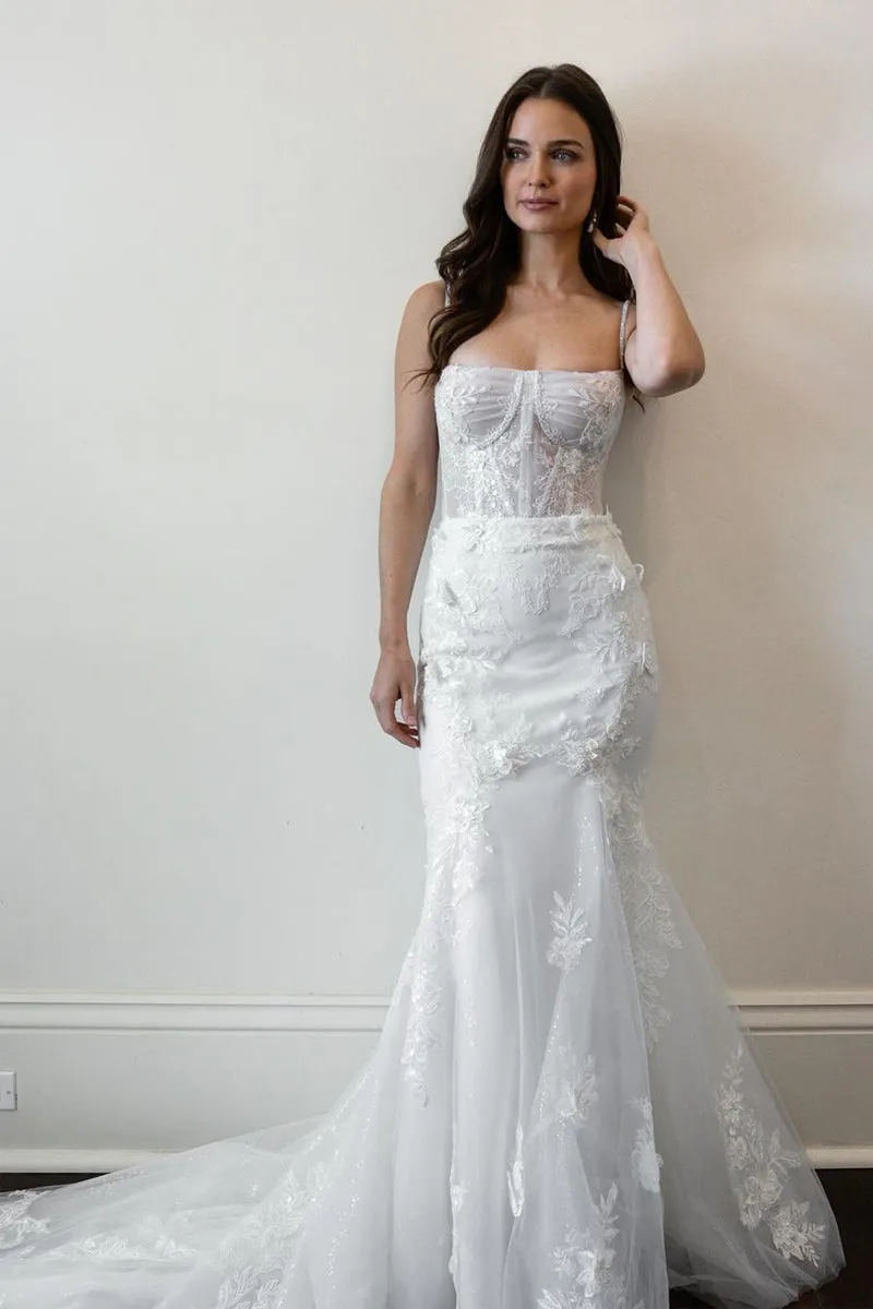 Mermaid Spaghetti Straps White Tulle Wedding Dresses with Appliques sold by KissProm product image thumbnail 2