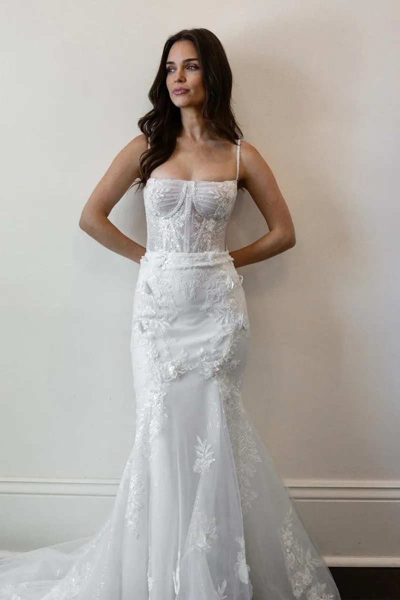 Mermaid Spaghetti Straps White Tulle Wedding Dresses with Appliques sold by KissProm