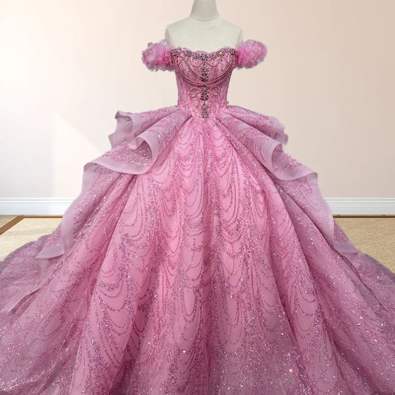 Quinceanera Dress With Sequins Off the Shoulder Chapel Train sold by KissProm
