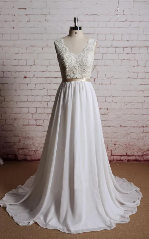 V-Neck Long Chiffon Bridal Gown With Champagne Lining of the Bodice sold by KissProm