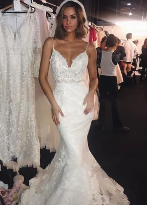 Spaghetti-Straps Backless Mermaid Lace Wedding Dresses with Appliques sold by KissProm