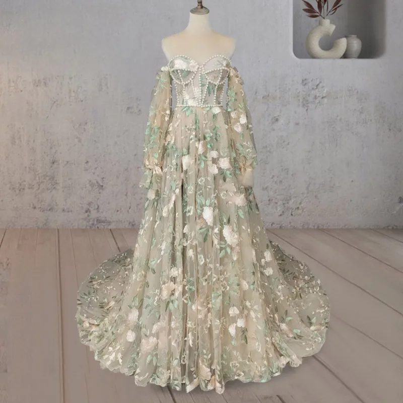 A-Line Light Green Sweetheart Pearl Wedding Dress sold by KissProm