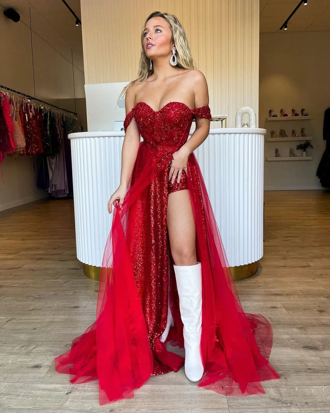 Ashlee | Sparkly Tow Piece Off the Shoulder Red Sequins Long Prom Dresses sold by KissProm product image thumbnail 2