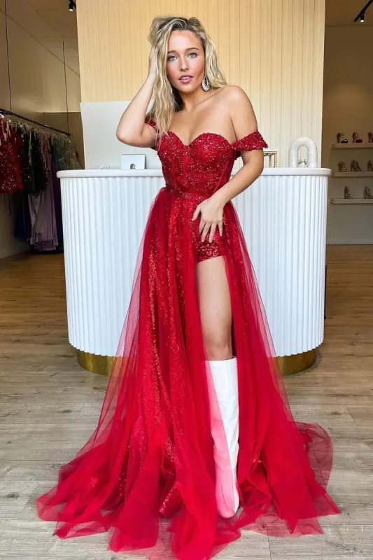 Ashlee | Sparkly Tow Piece Off the Shoulder Red Sequins Long Prom Dresses sold by KissProm